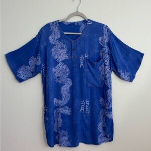 Blue batik Asian dragon print shirt XL